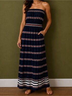 J.Crew Amie Strapless Maxi Dress With Pockets – Navy Engineered Stripe – Size M